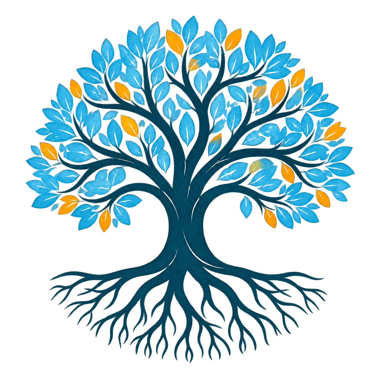 A colorful tree of life with spreading branches and roots